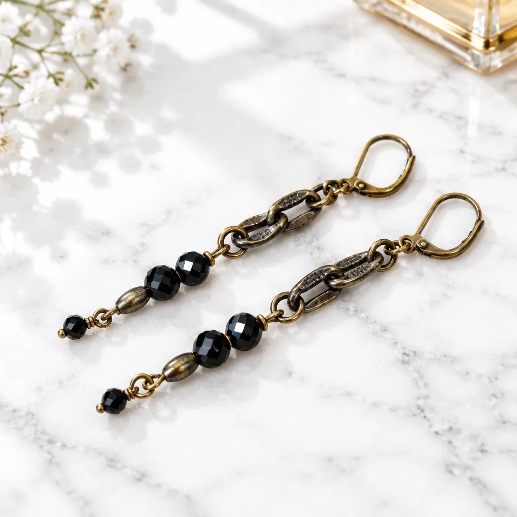 Odalys Black Bead Drop Earrings — handmade by Willow and Fox