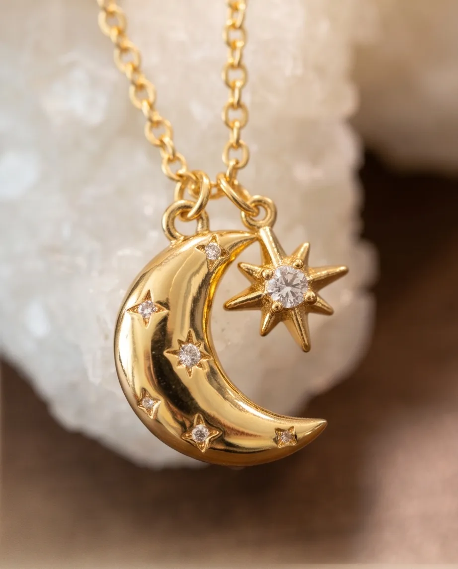 Celeste Moon and Star Necklace — handmade by Willow and Fox